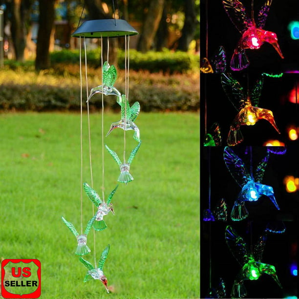Solar Powered LED Hummingbird Wind Chime Color-Changing Light Yard Garden Decor
